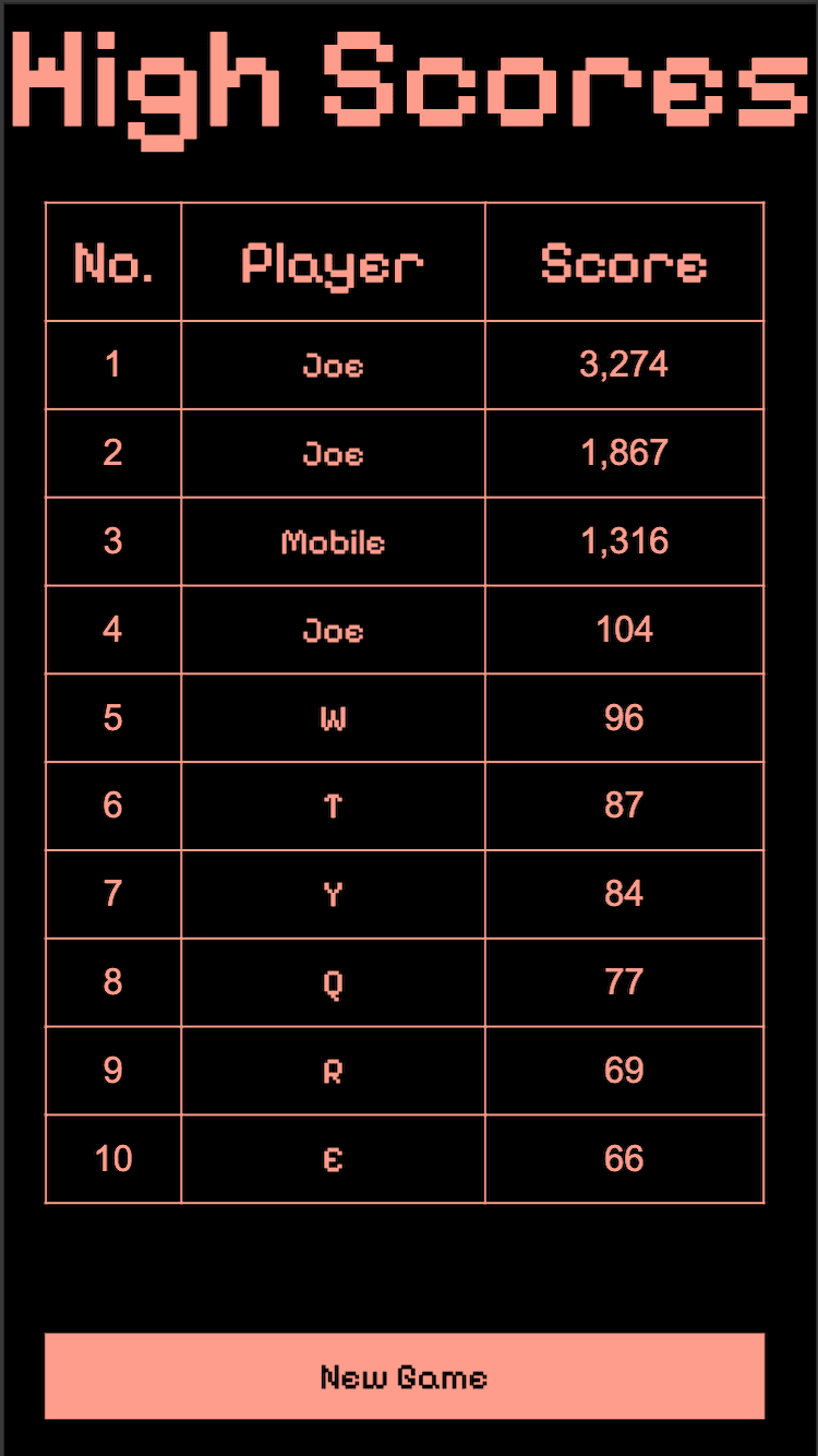 An image of the Tetris app on the high scores page
