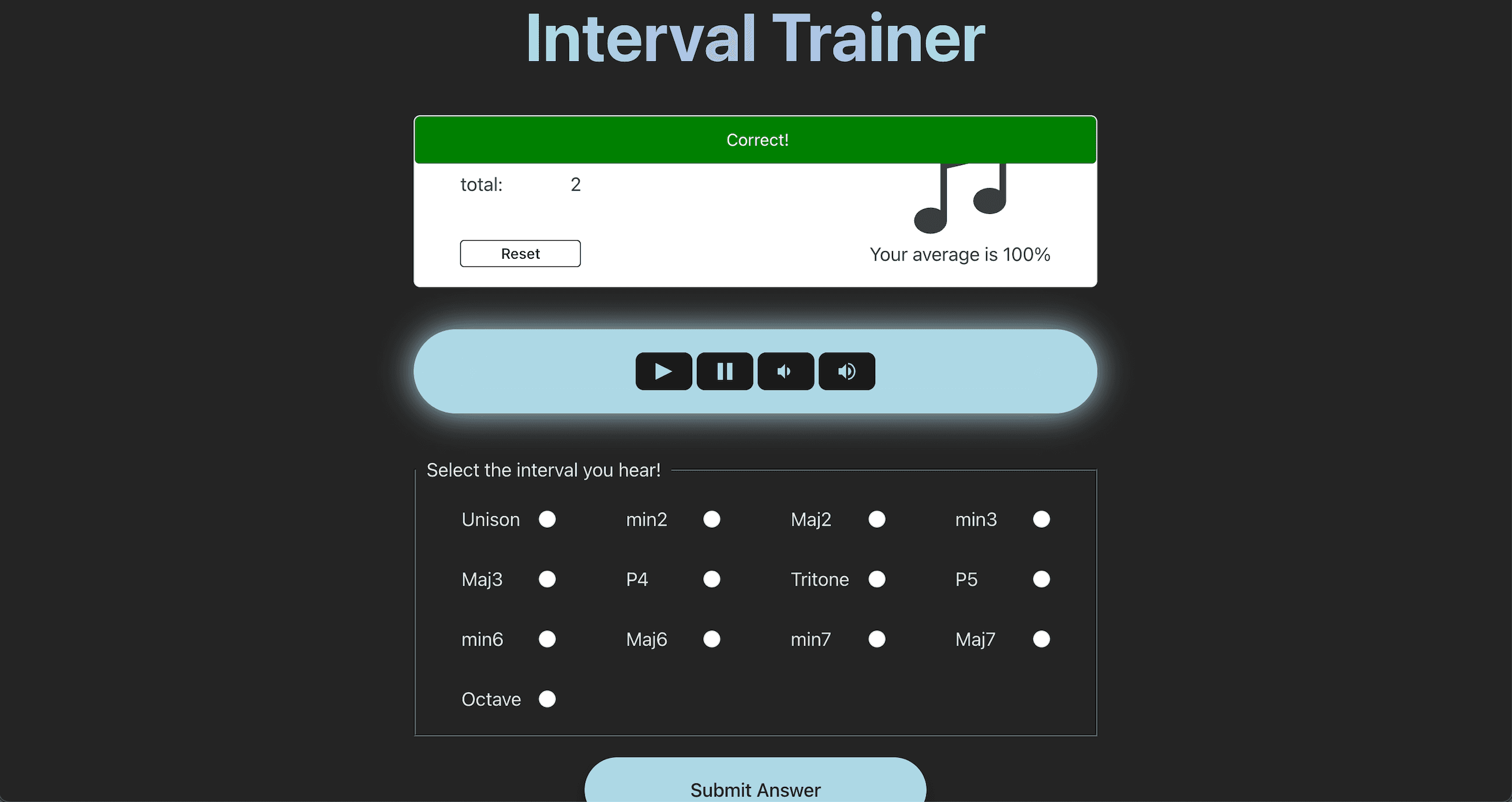 An image of the Musical Ear training app in the middle of an exercise