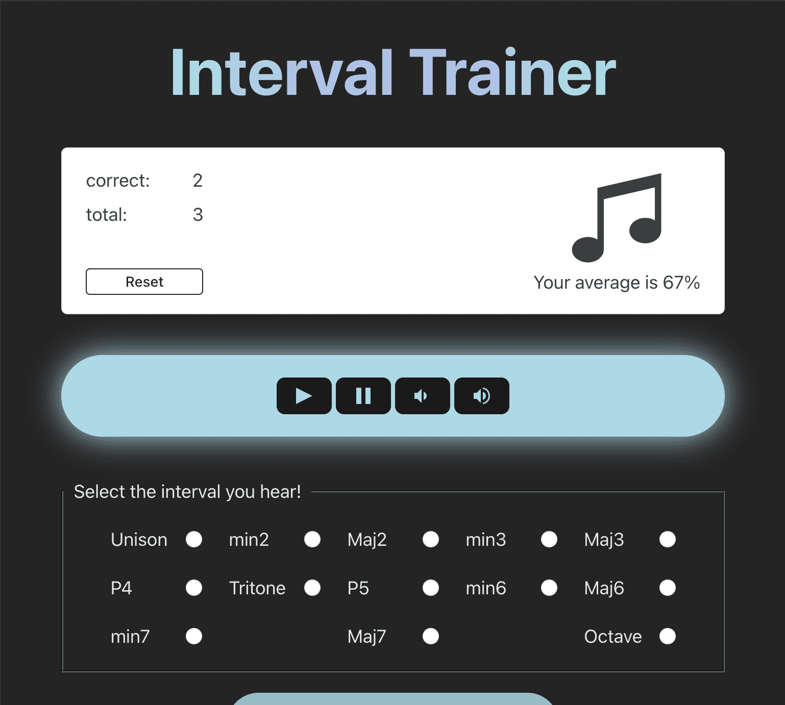 An image of the Musical Ear training app in the middle of an exercise